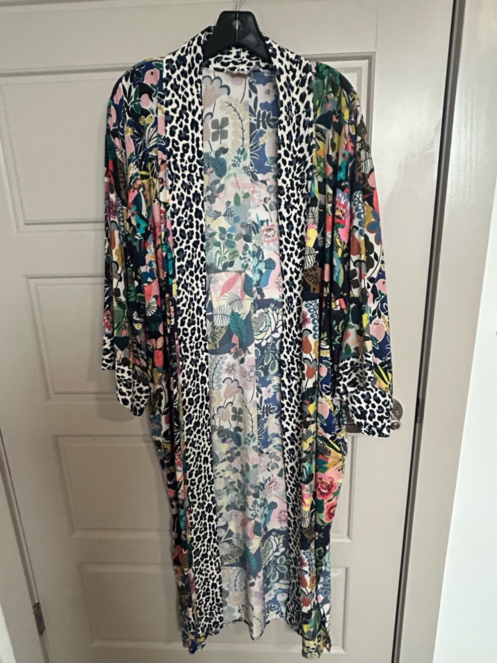 Johnny Was Floral and Leopard Trim Open Kimono in Black, White, Blue